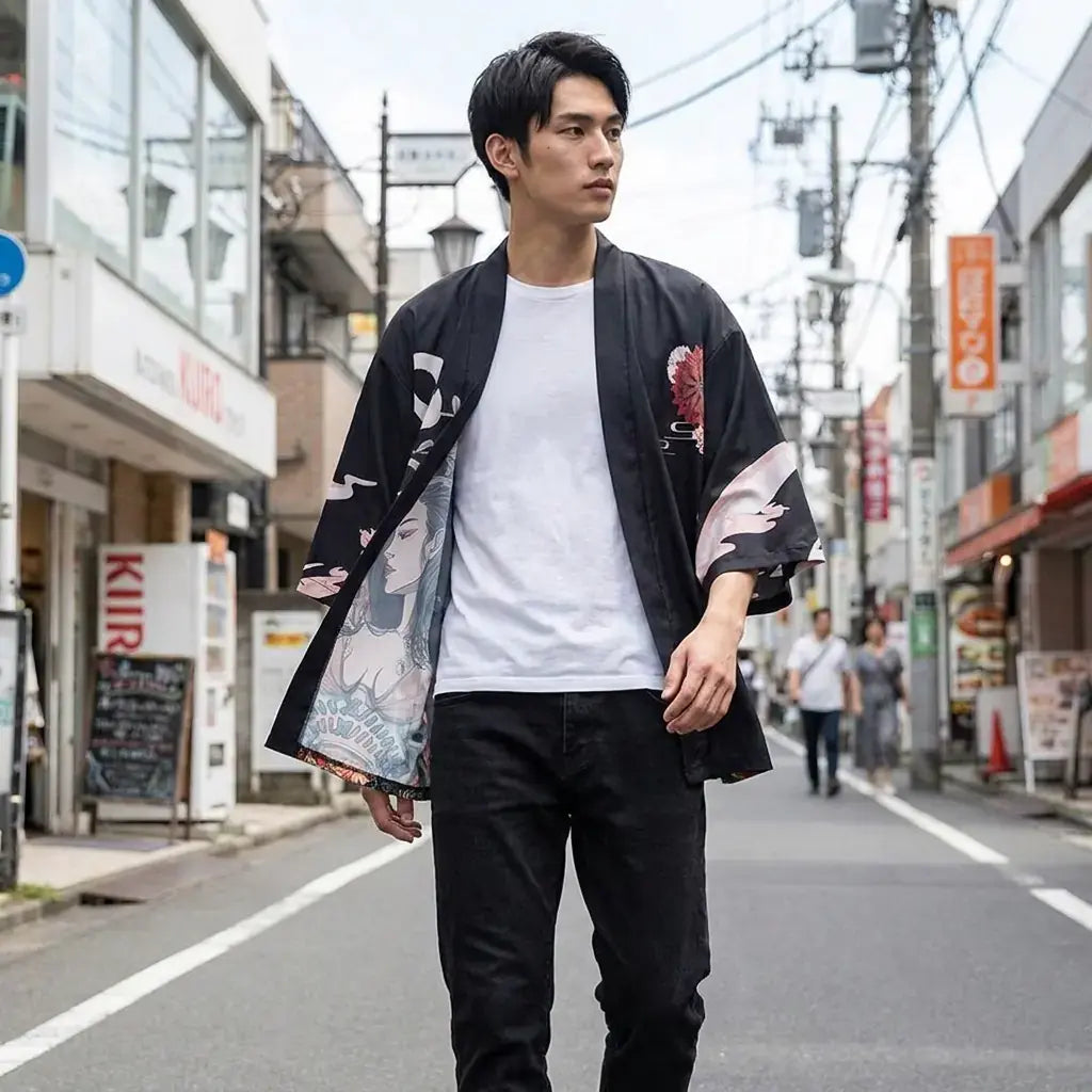 Kimono Manga porté par un homme dans une pièce japonaise traditionnelle, vue de face