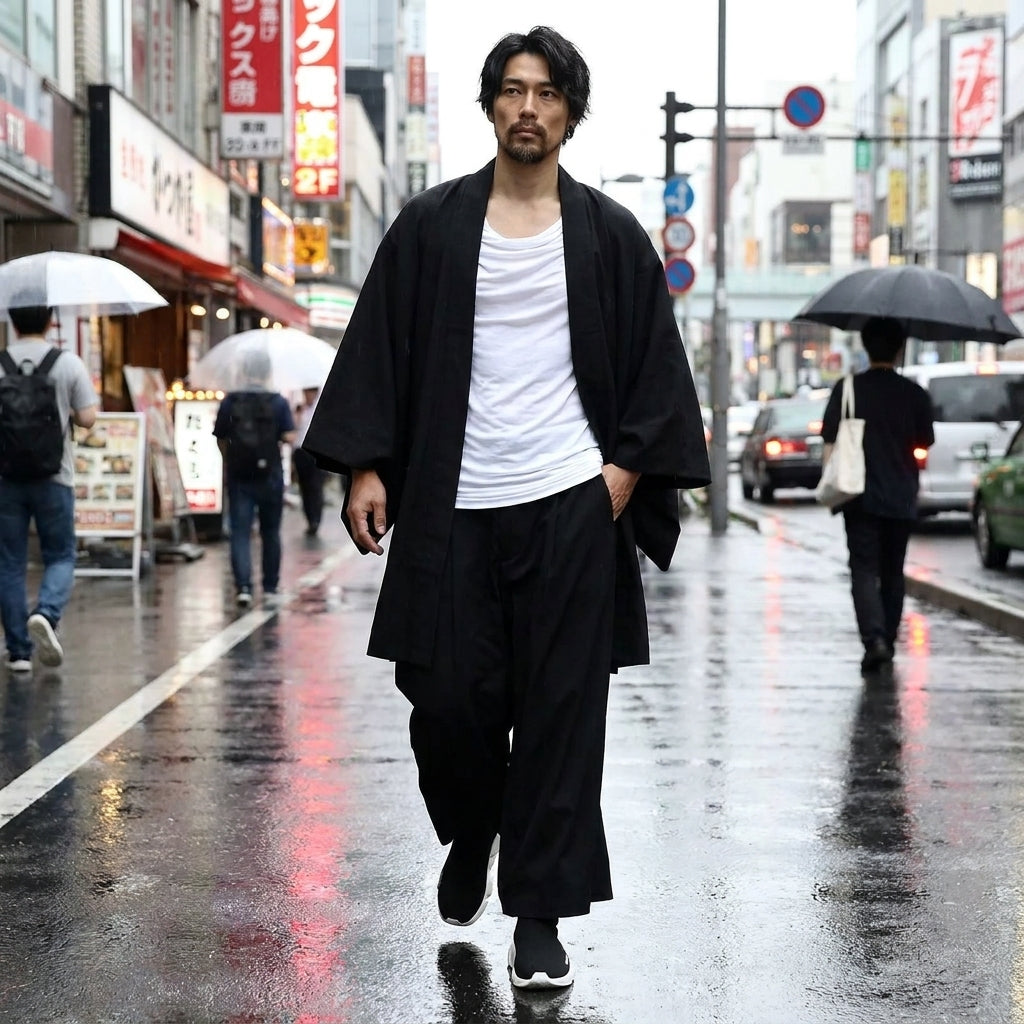 Kimono moderne homme noir porté en veste streetwear