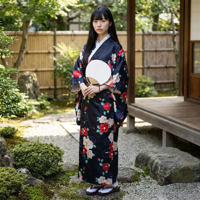 Vue de dos du kimono noir à camélias montrant sa coupe portefeuille taille unique