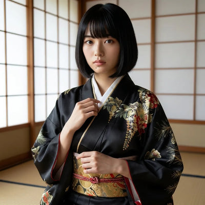 Détail de la ceinture style obi d'un kimono noir femme croisé