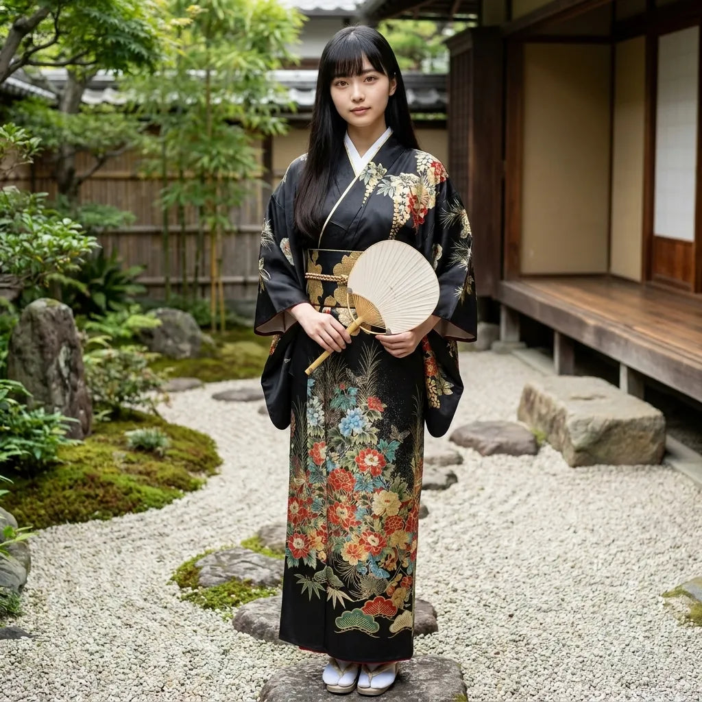 Kimono noir femme long à motif de fleurs botaniques inspirées de la pivoine