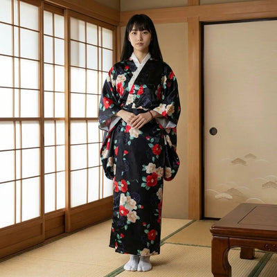 Kimono femme noir à motif camélia porté ouvert sur une tenue sombre