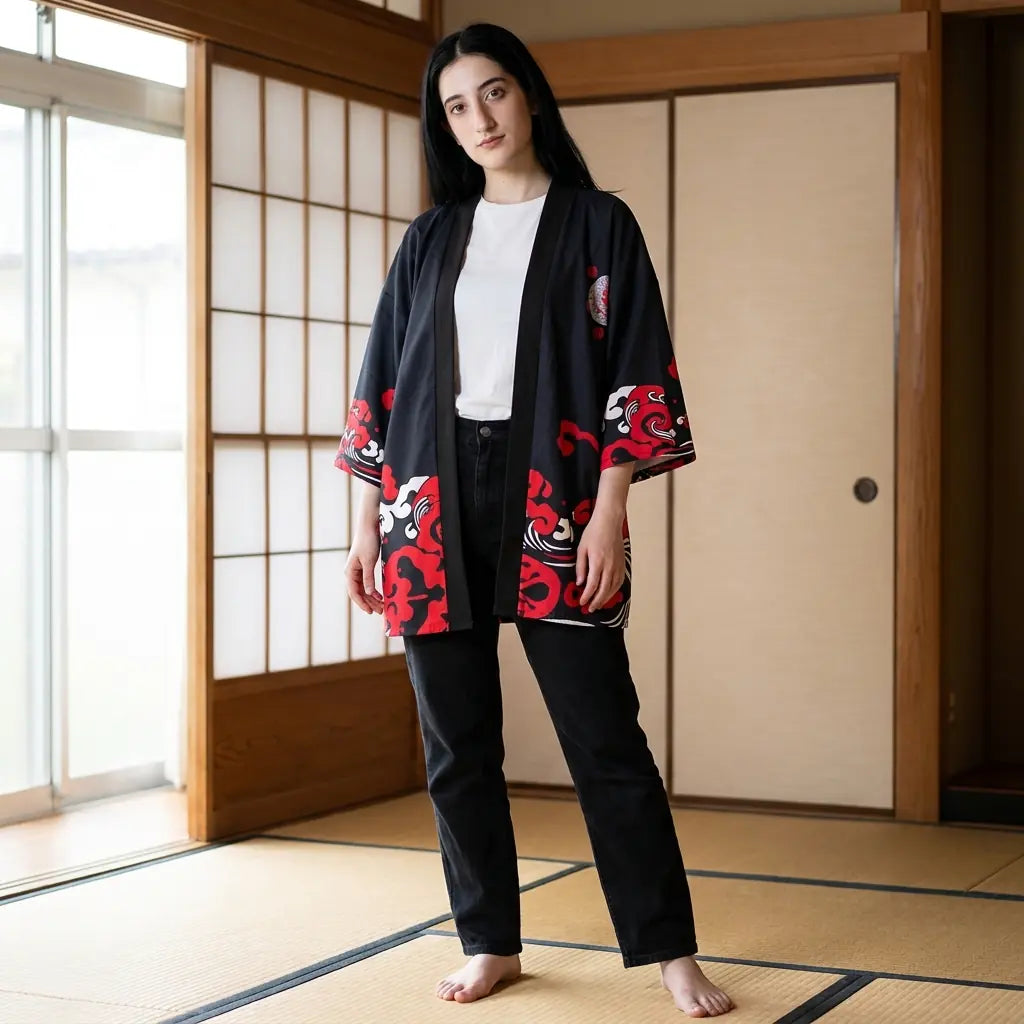 Kimono oni rouge porté ouvert dans une pièce avec des shoji