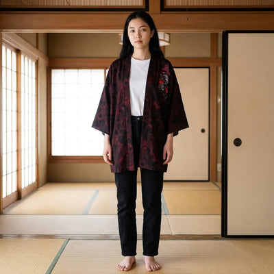 Le kimono Onna Bugeisha en rouge profond avec un imprimé floral sombre, porté ouvert dans une pièce en tatami