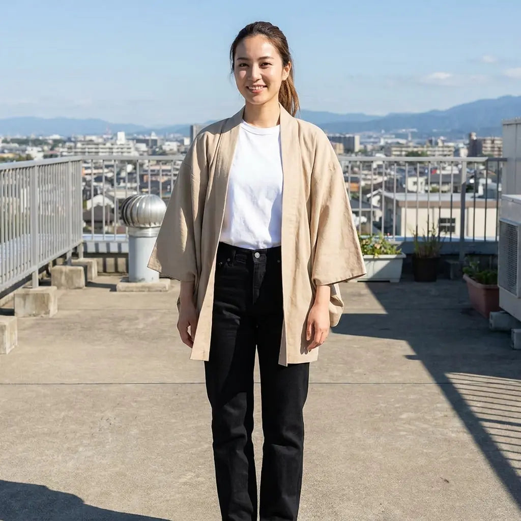 Kimono portefeuille beige uni vu en pied sur un toit, larges manches tombantes