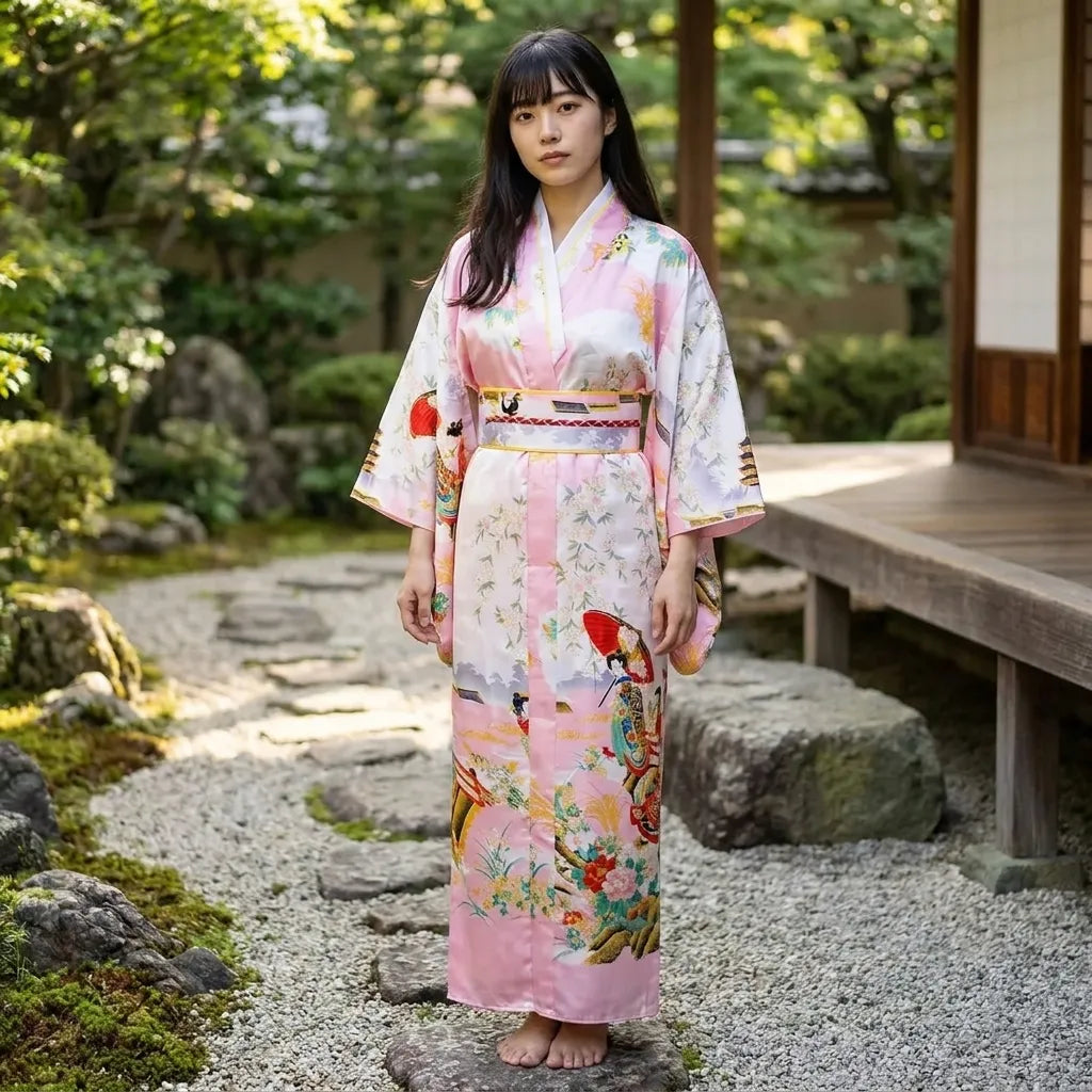Vue rapprochée de l'imprimé ukiyo-e sakura et geisha sur le tissu du kimono rose