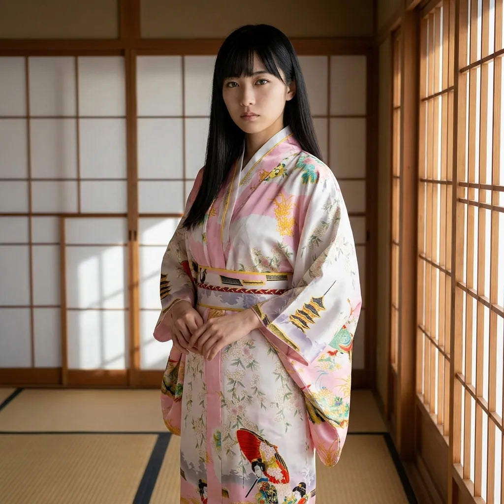 Kimono rose femme à imprimé ukiyo-e geisha et pagode porté avec un lien de taille style obi