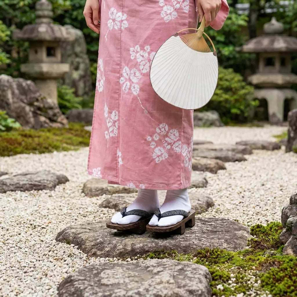 Geta portées avec un kimono rose dans un jardin japonais