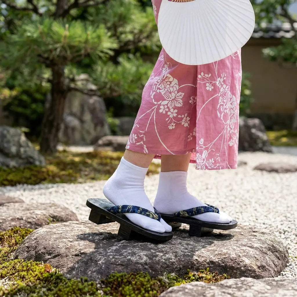 Kimono rose porté dans un jardin japonais avec des sandales en bois