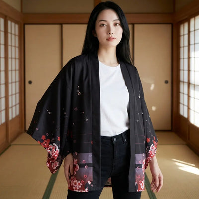 Kimono sanctuaire kitsune pour femme porté ouvert, vu de face dans une pièce tatami.