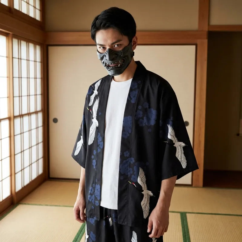 Kimono Short Homme motif grue tsuru