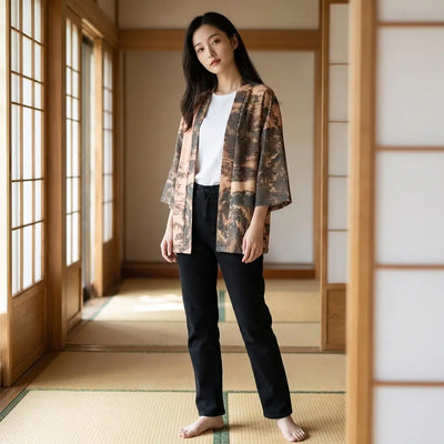 Femme portant un kimono streetwear dans une pièce washitsu avec tatami et shoji