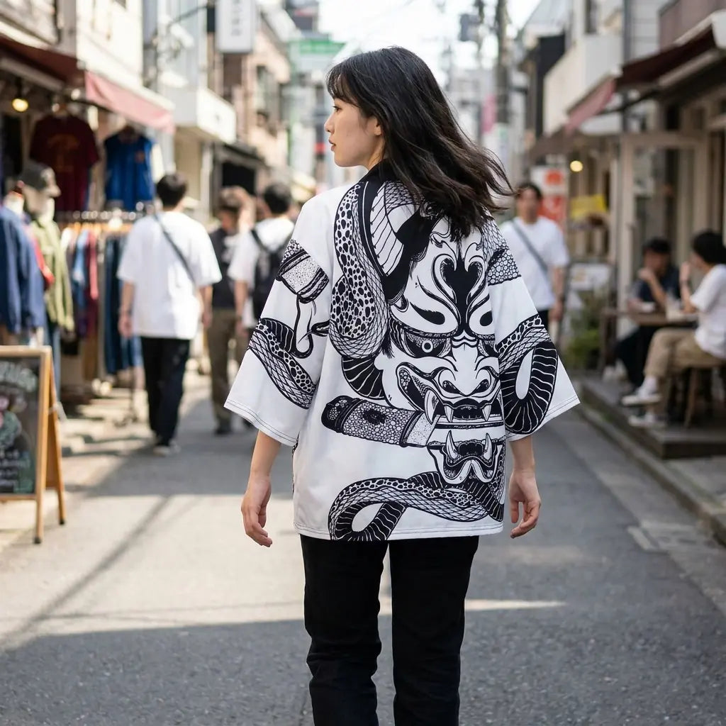 Look urbain du kimono porté en veste, photographié de dos dans une rue commerçante japonaise