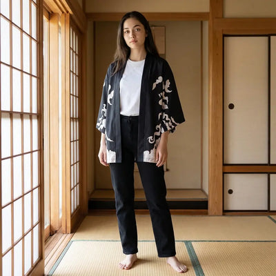 Kimono tigre femme noir imprimé d'un tigre blanc et de nuages, porté sur un tatami