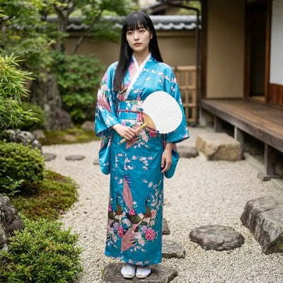 Vue de dos du kimono turquoise motif paon montrant sa coupe cache-cœur et sa taille façon obi