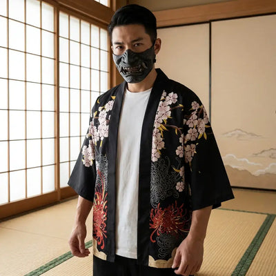 Kimono Wool Haori porté par un homme dans une pièce japonaise traditionnelle, vue de face