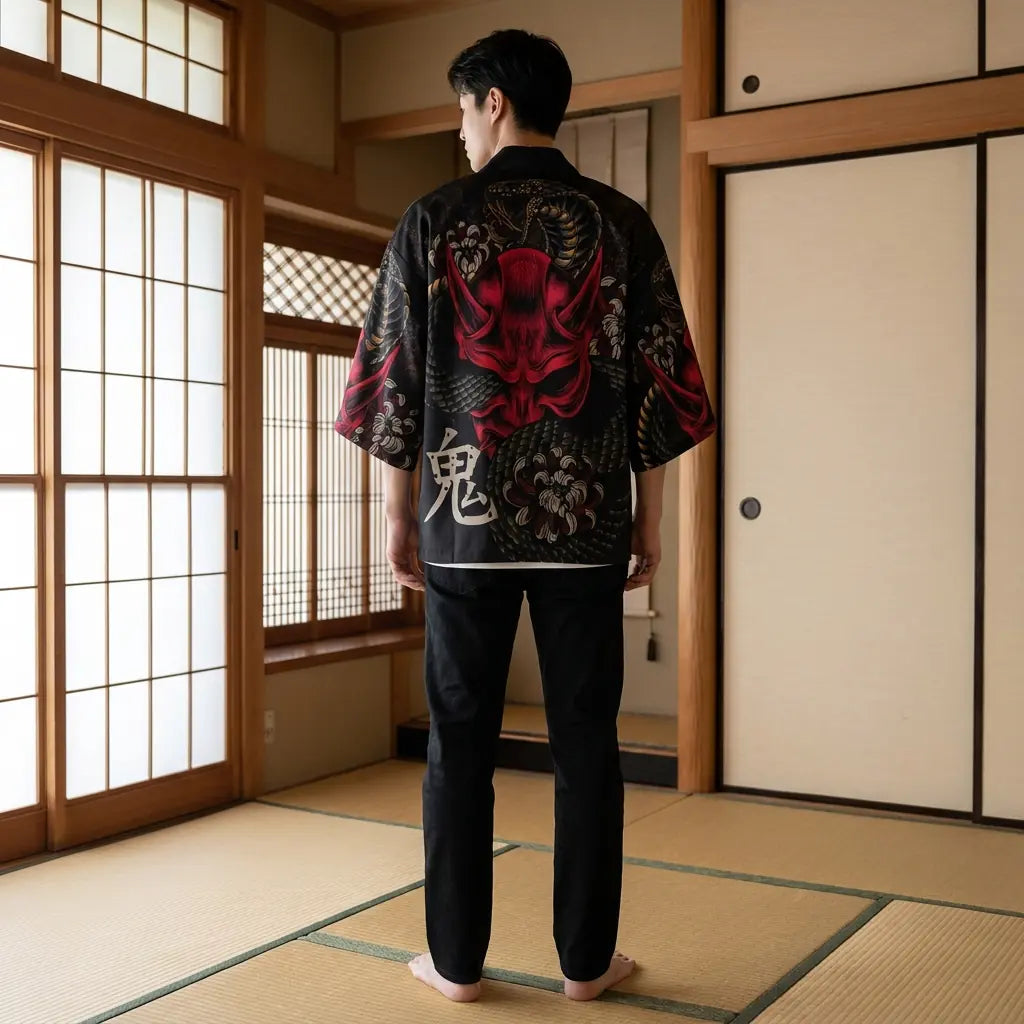 Vue arrière d'un kimono yokai dans une pièce washitsu, montrant le motif complet au dos