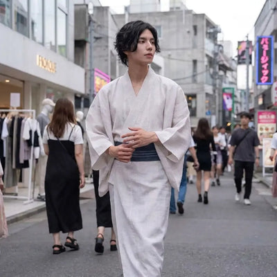 Kimono yukata blanc homme porté en extérieur