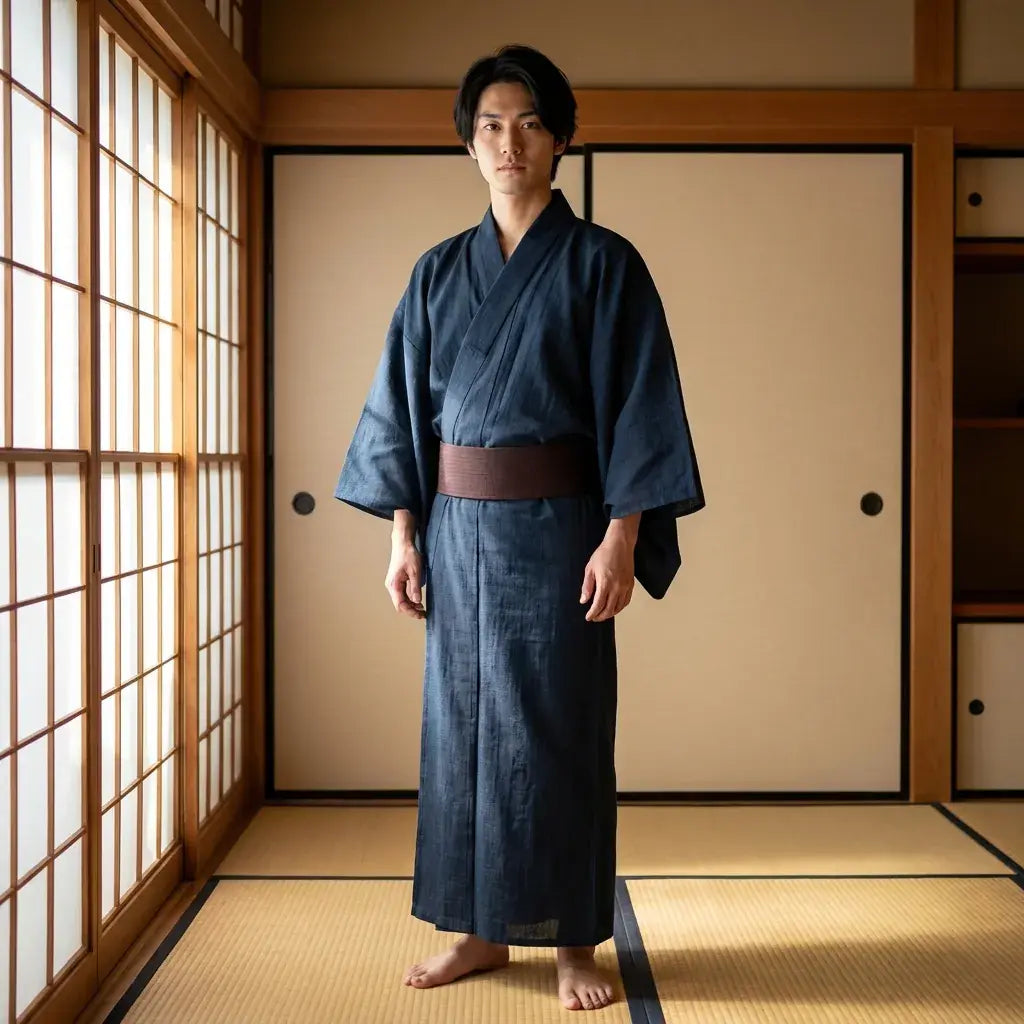 Kimono Yukata porté par un homme dans une pièce japonaise traditionnelle, vue de face