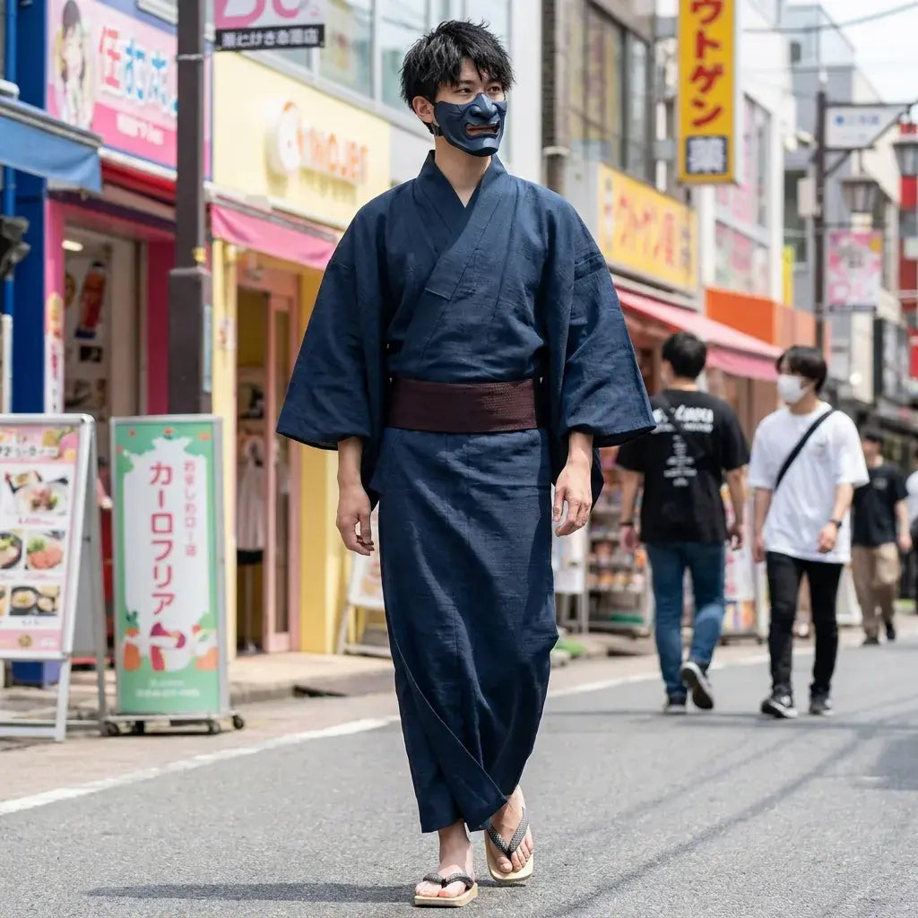 Kimono Yukata porté par un homme dans une pièce japonaise traditionnelle, vue de face