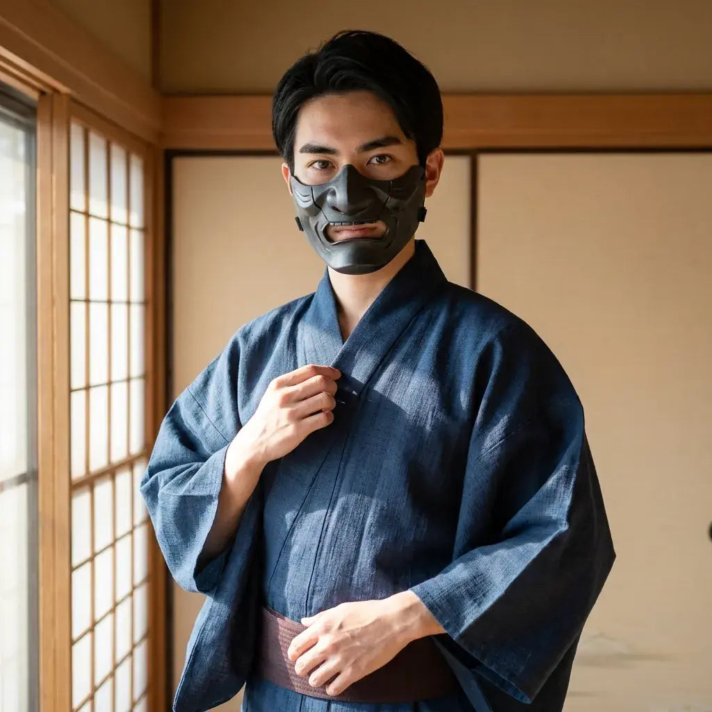 Kimono Yukata porté par un homme dans une pièce japonaise traditionnelle, vue de face