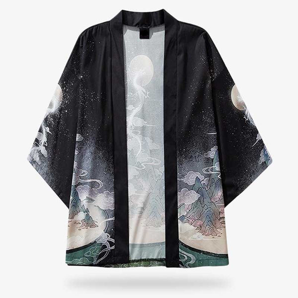 Ce kimono yume yukata est de couleur noire avec des motifs japonais imprimés sur le tissu