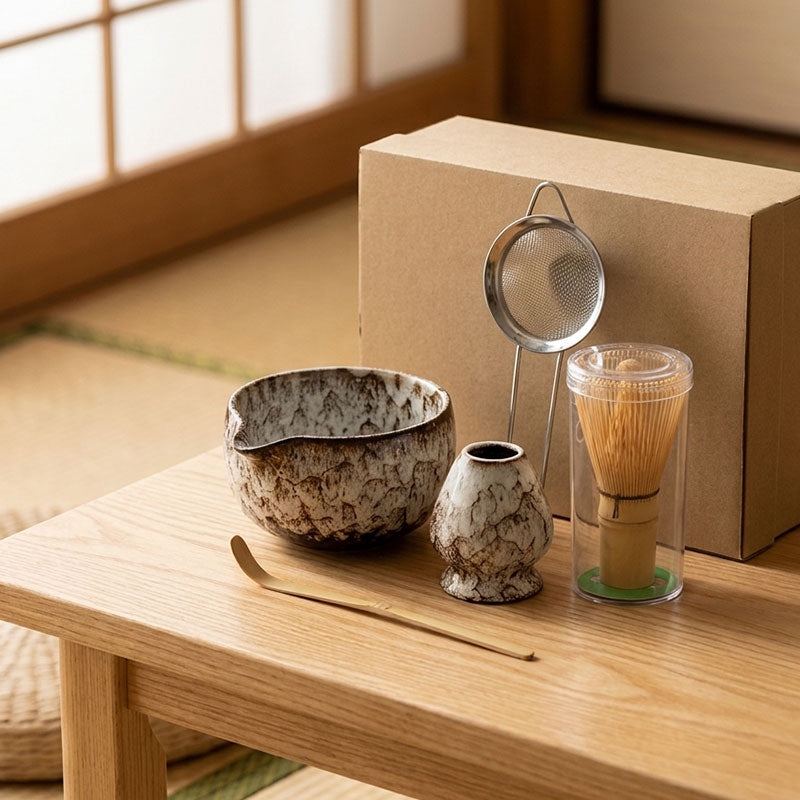 Kit matcha japonais posé sur une table en bois avec tous ses accessoires