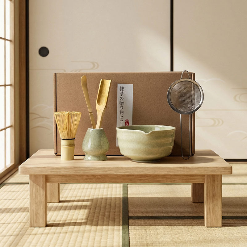 Kit matcha japonais posé sur une table en bois dans une pièce traditionnelle japonaise