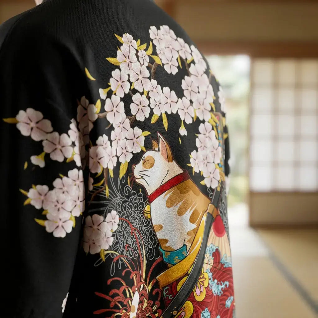 Gros plan sur le tissu et la manche du kimono wool haori