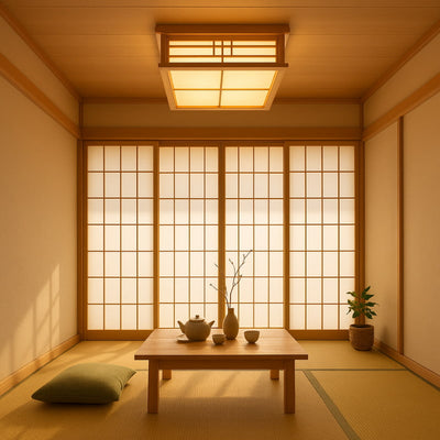 Lampe plafonnier japonaise dans un salon Japandi avec table en bois, service à thé matcha et plantes