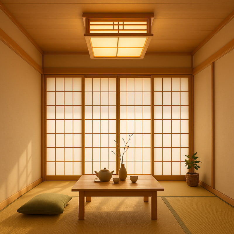 Lampe plafonnier japonaise dans un salon Japandi avec table en bois, service à thé matcha et plantes