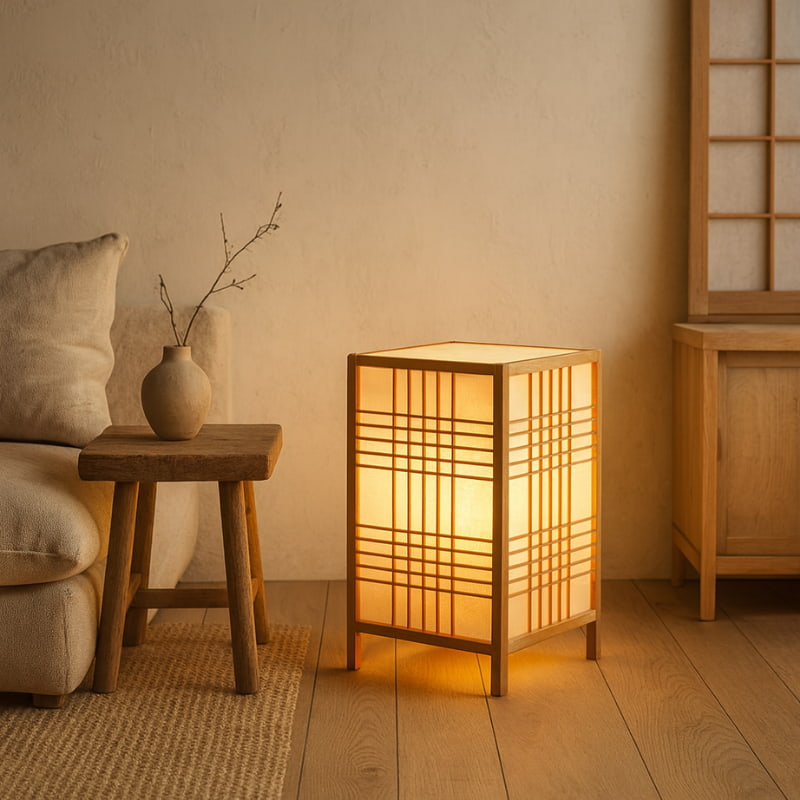 Lampe en bois japonaise avec grille façon papier shoji posée sur un parquet dans une pièce aux tons chauds