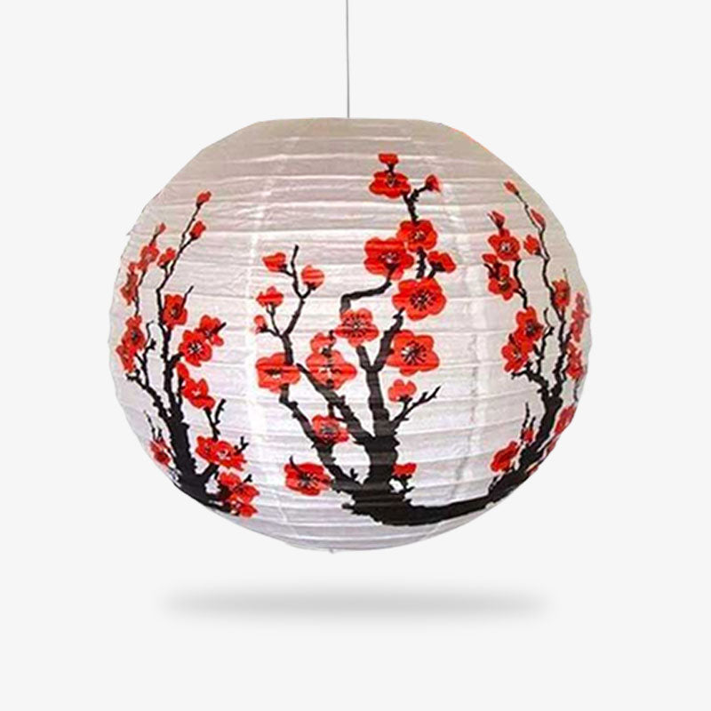 cette lanterne cerisier japonais est en papier et de couleur blanche avec un motif sakura rouge