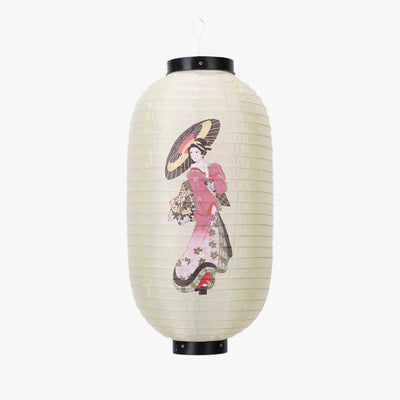 Lanterne chochin en papier japonais ornée d'un motif geisha, apportant une lueur douce et chaleureuse