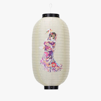 Lanterne Chochin Geisha traditionnelle en papier ornée d'un motif de geisha, diffusant une lumière douce et élégante