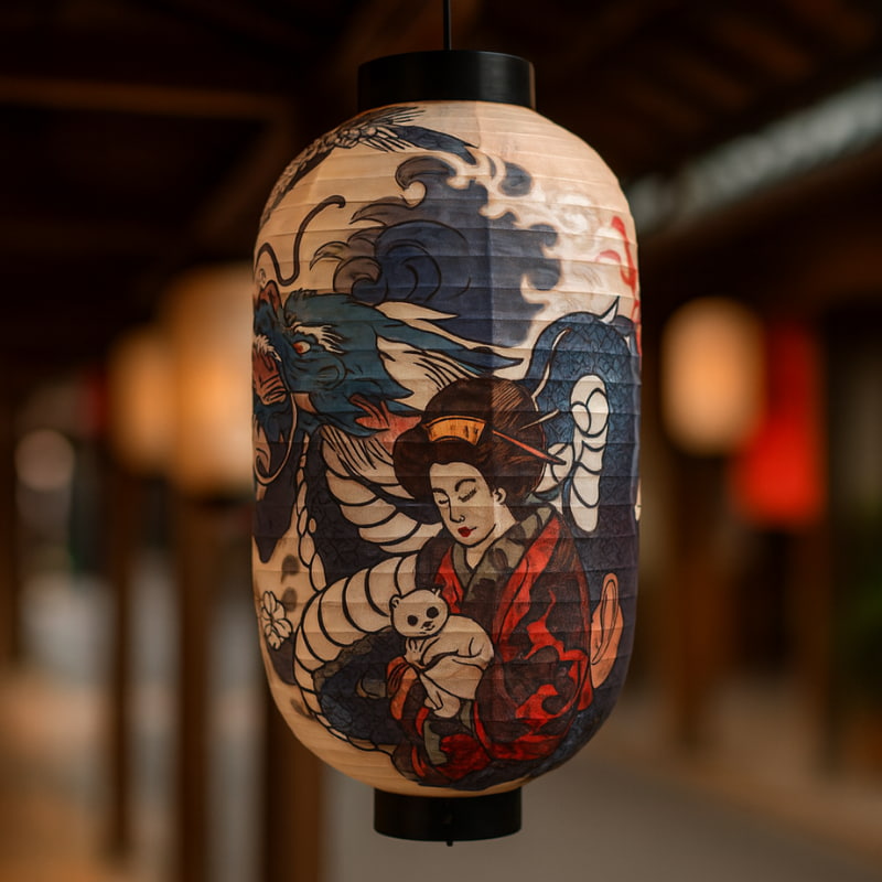 Lanterne chochin japonaise suspendue avec motif ukiyo-e représentant une geisha, un dragon et un chat japonais sur fond flou