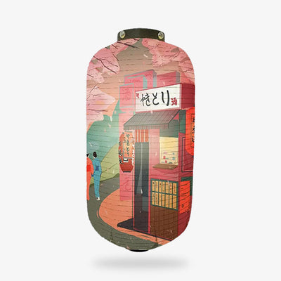 Lanterne Harajuku avec illustration colorée du Old Tokyo, bâtiment traditionnel japonais et personnages en kimono, sur fond blanc