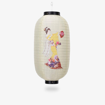 Une lanterne japonaise blanche avec un dessin de geisha japonaise en train de danser