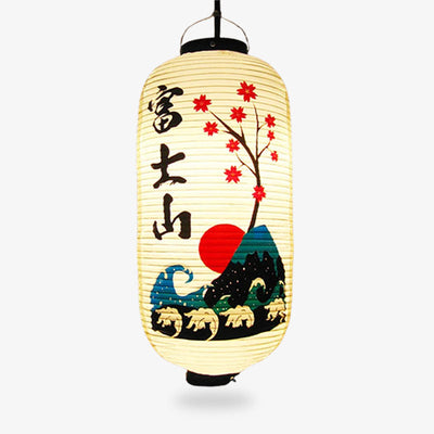 Lanterne japonaise extérieur lumineuse au motif Mont Fuji et fleurs de cerisier sakura sur fond blanc