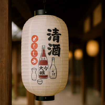 Lanterne japonaise izakaya en papier washi ornée de bouteilles de saké et de kanji