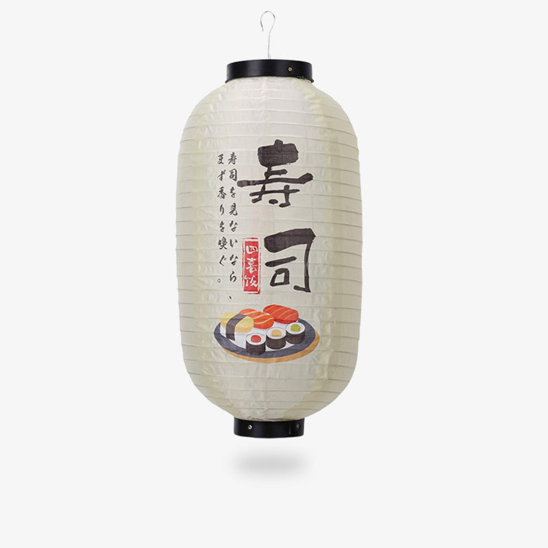 Cette lanterne japonaise mano mano est de couleur beige avec un dessin de sushi japonais