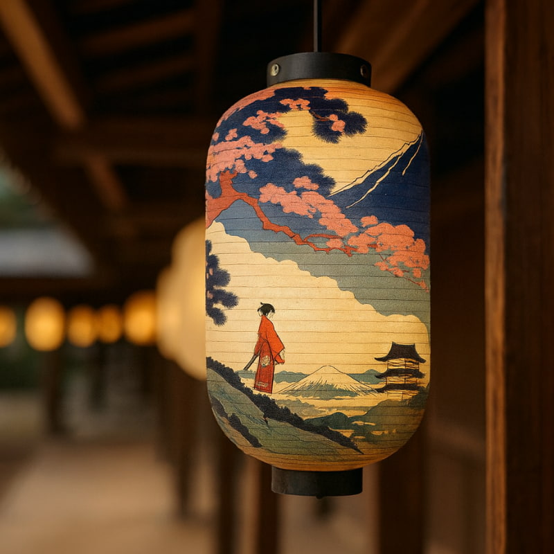 Lanterne japonaise décorative avec paysage et personnage en kimono rouge