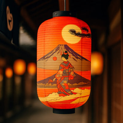 Lanterne japonaise rouge avec motif geisha suspendue