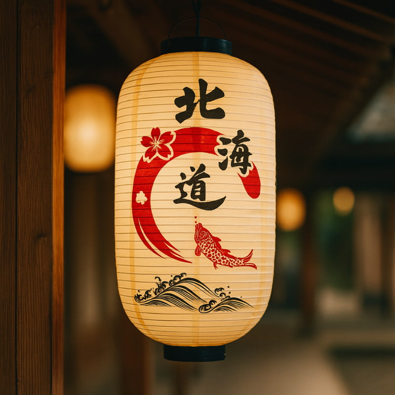 Lanterne japonaise sakura en papier washi ornée de kanji, d'une vague, d'une carpe koï et de fleurs de cerisier