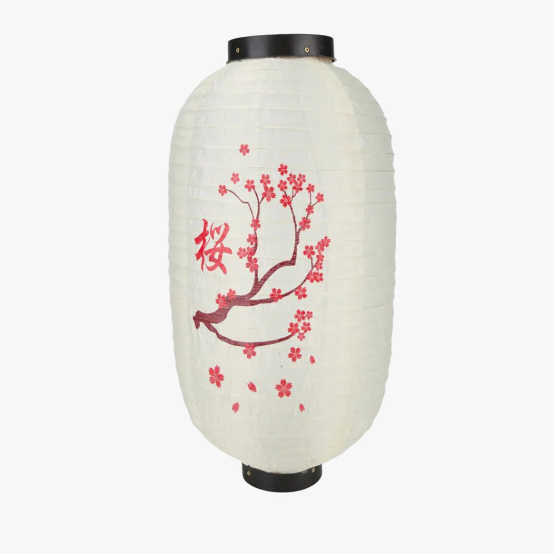 Lanterne japonaise en papier décorée de fleurs de cerisier et de kanji, parfaite pour un éclairage traditionnel