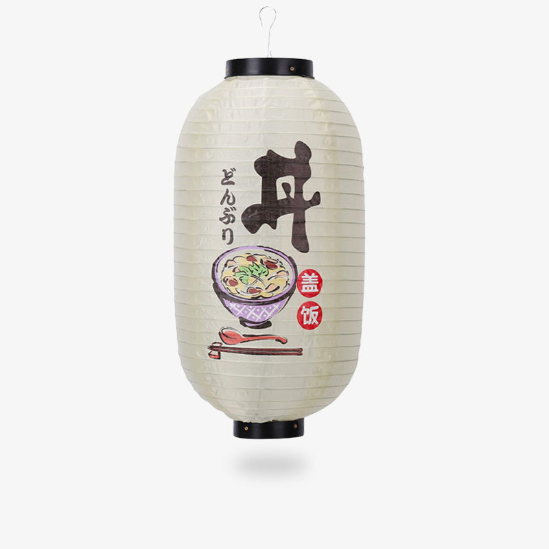 Une lanterne japonaise suspendue avec un dessin de bol ramen et un kanji japonais
