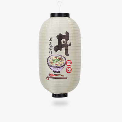 Une lanterne japonaise suspendue avec un dessin de bol ramen et un kanji japonais