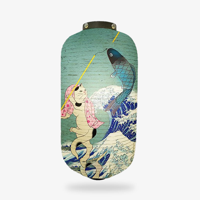 Lanterne japonaise en papier traditionnelle à vendre avec un motif de chat et de carpe koï japonais et la célèbre vague de Kanagawa sur fond blanc