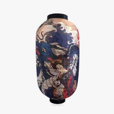 Lanterne papier japonaise ornée d'un motif traditionnel de geisha et de dragon japonais sur fond blanc