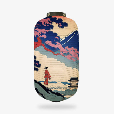 Lanterne ukiyo-e japonaise représentant un paysage avec personnage en kimono et fleurs de cerisier sakura